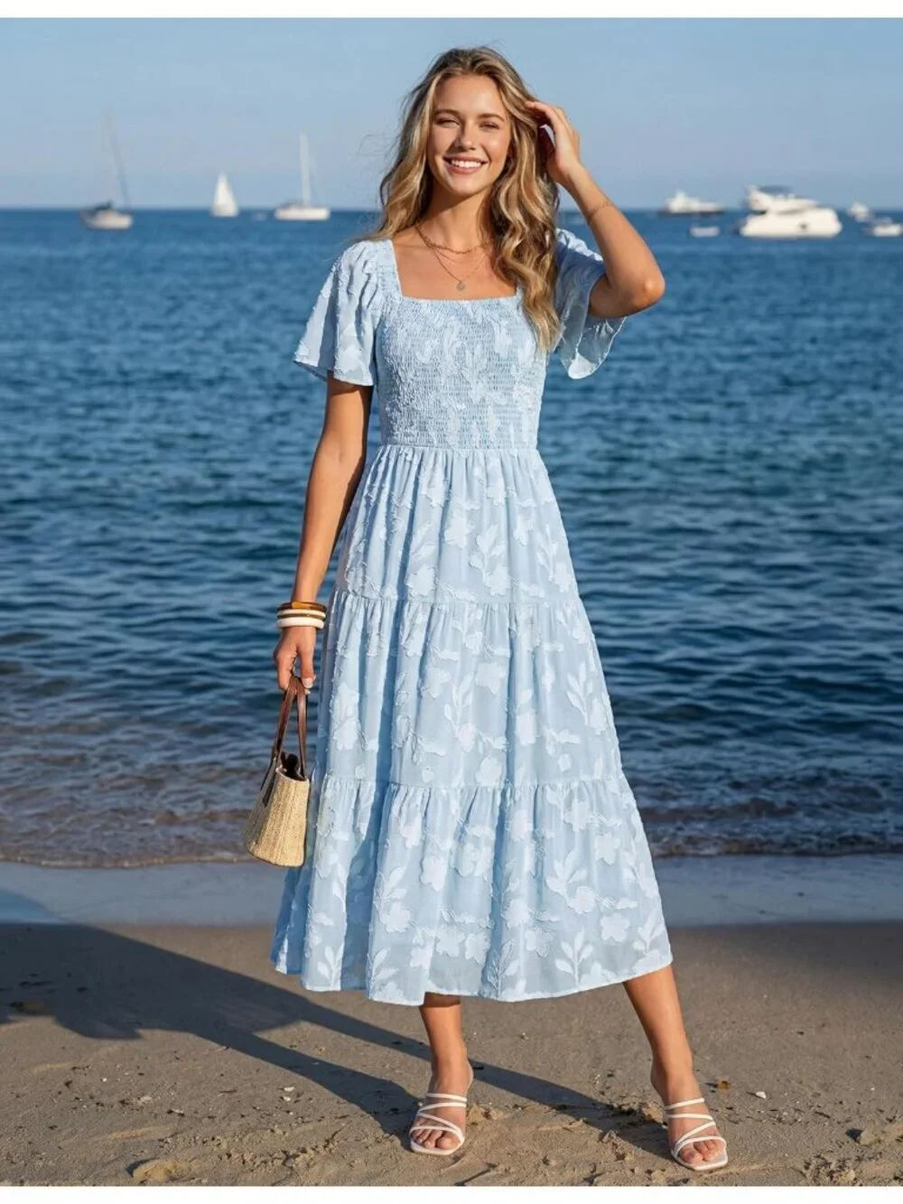 Women‘s Summer Boho Floral Midi Dress Blue Short Sleeve Square Neck Flowy Beach